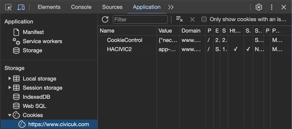 Chrome dev console Storage tab