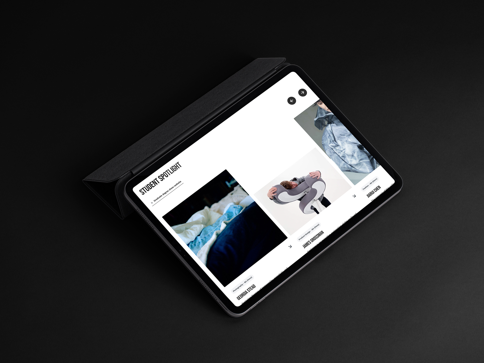 Tablet on a black surface showing the Edinburgh College of Art website “Student Spotlight” section with student project images.