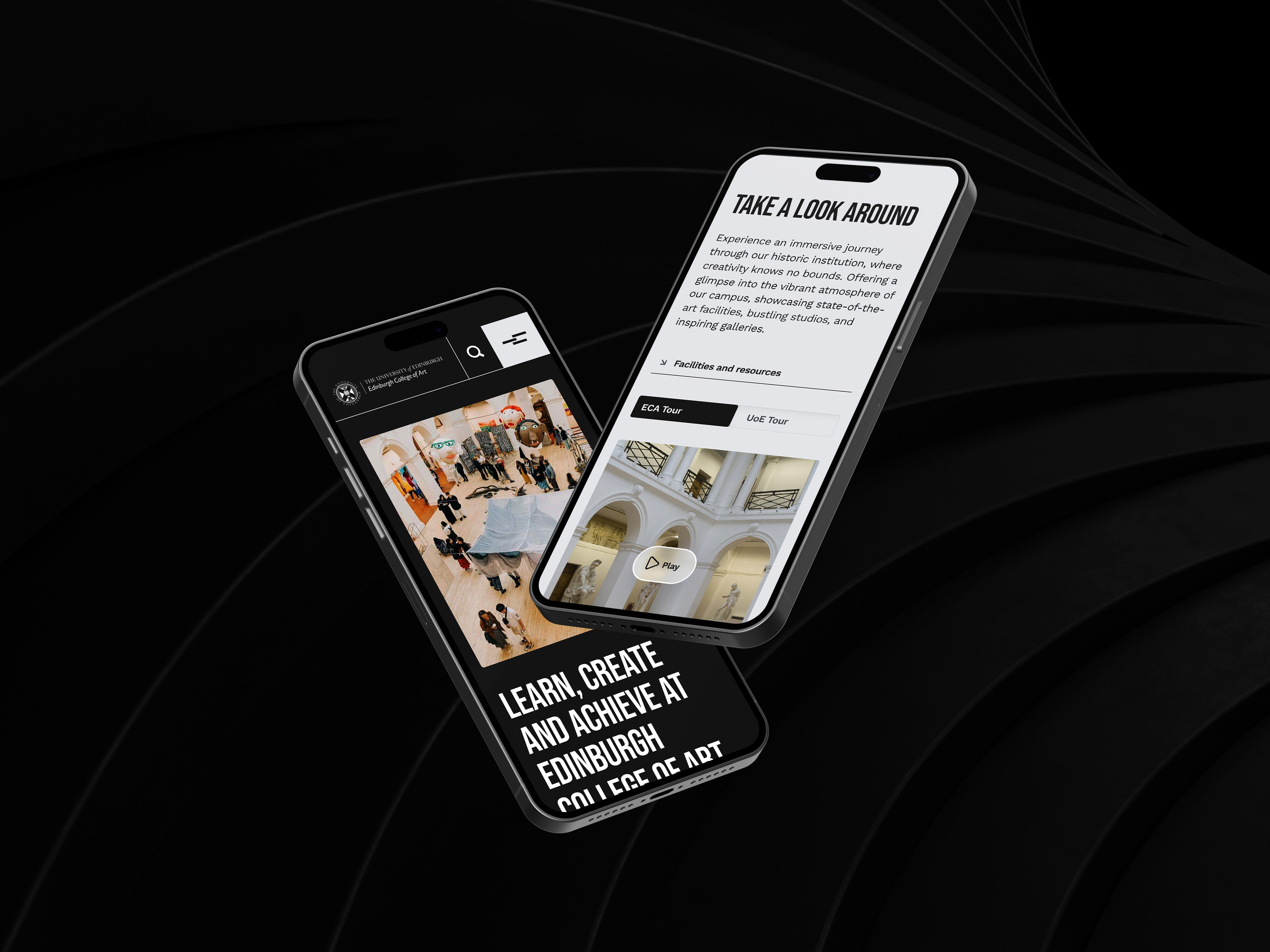 Two smartphones display Edinburgh College of Art website pages, one showing the homepage and the other a campus tour section.