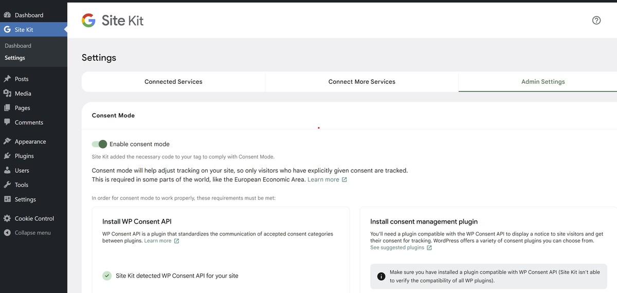 Google Site Kit configuration page in Wordpress dashboard